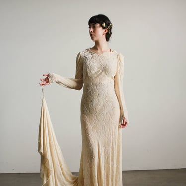 1930s Cream Devore Silk Velvet Gown 