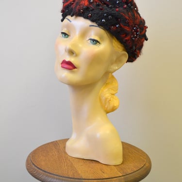 1960s Christian Dior Red and Black Beaded Hat 