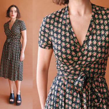 Vintage 70s Diane Von Furstenberg Floral Wrap Dress/ 1970s Black DVF Short Sleeve Jersey Dress/ Size Small Medium 