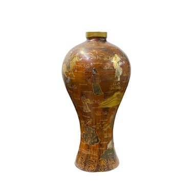 Chinoiseries Golden Graphic Brown Lacquer Vase Jar Shape Display ws3351E 
