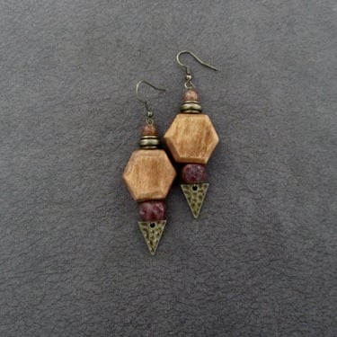 Earth tone wooden earrings, hexagon earrings, bold earrings, statement earrings, ethnic earrings, rustic natural earrings, antique bronze 2 