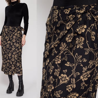 Medium 90s Ralph Lauren Black Floral Silk Blend Wrap Skirt | Vintage High Waisted Boho Midi Skirt 