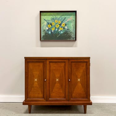 Vibrant Mid-Century Floral Painting in Walnut Frame 
