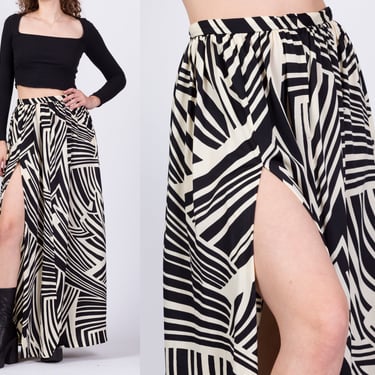 70s Black And White Maxi Skirt - Small | Abstract Zebra Print Bohemian Sexy High Slit Skirt 