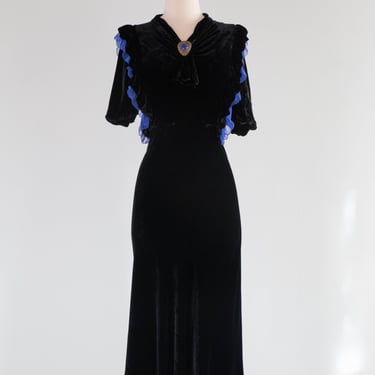 Stunning Lapis Blue & Black Silk Velvet Bias Cut Evening Dress Circa 1930's / Medium