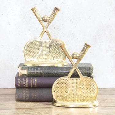 Brass Tennis Bookends, Pair of Vintage Solid Brass Tennis Racquet and Ball Book Ends, Free Shipping 