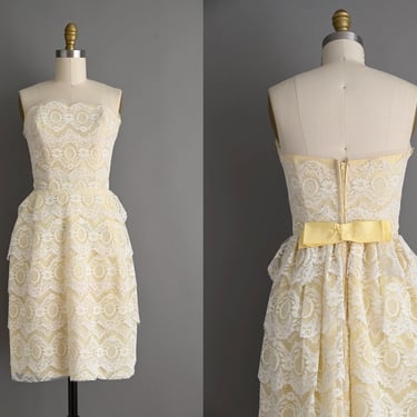 vintage 1950s Dress | Strapless Buttercup Yellow Lace Cocktail Party Dress | Small 