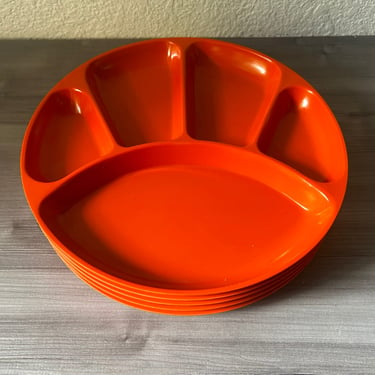 Vintage Dark Orange Melamine Set of 4 Fondue Plates, Plastic Divided Dishes, Made in Japan, Sushi Plates, Finicky Eater Plates, Retro 70s 