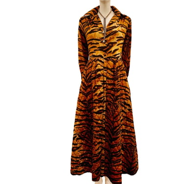 1960's Tiger Print 3/4 Sleeved Hostess Dress with Quilted Skirt