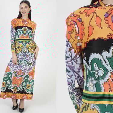 Psychedelic Print L'Aiglon Original Dress, Vintage 70s Bright Color Paisley Gown, Hippie Style Lounge Maxi 