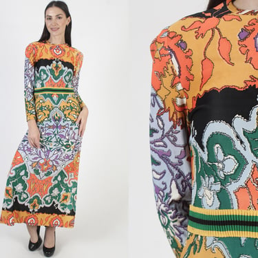 Psychedelic Print L'Aiglon Original Dress, Vintage 70s Bright Color Paisley Gown, Hippie Style Lounge Maxi 