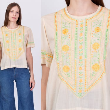 60s Indian Embroidered Hippie Top - Medium | Vintage Boho Sheer Blouse 