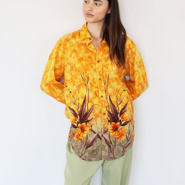 Vintage Jean Paul Gaultier Floral + Bird of Paradise Print Yellow Button Down with Paisley Print Hawaiian Orange JPG Top 90s 1990s 