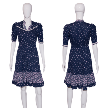 1970's Navy Blue Floral Prairie Dress Size S
