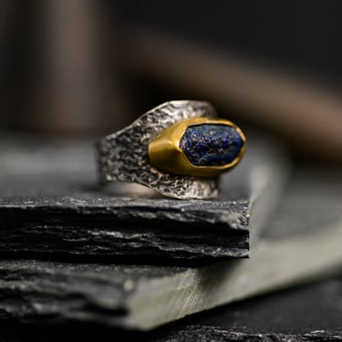 Adjustable Textured Sterling Silver and Brass Raw Lapis Ring
