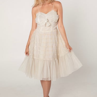 1950s Ivory Burnout Organza Cocktail Dress