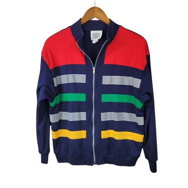 Vintage 80s Jacket Size Large light weight blue Red Green Stripe Nautical Preppy 