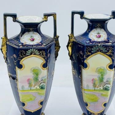 Vintage Pair  Japan 11" Mantle  vases, Cobalt Blue Water Scene Moriage Nippon Highlights- Chip Free 