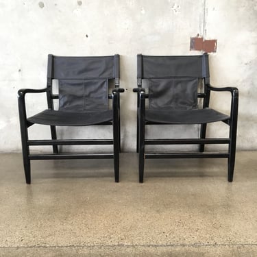 Pair of Black Leather Modern Sling Chairs