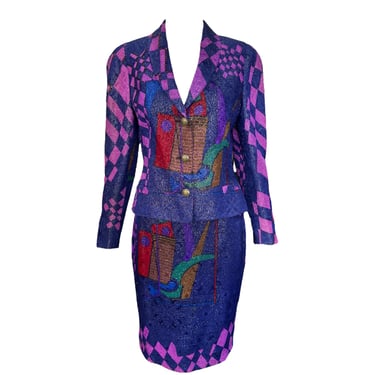 Gianni Versace Versus Purple Abstract Print Lurex Skirt Suit, N/O