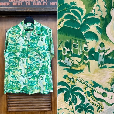Vintage 1950’s “Shaheen’s” Rare Cartoon Natives Pattern Silk Hawaiian Shirt, 50’s Loop Collar Shirt, Vintage Clothing 