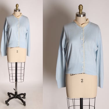 1950s Light Blue Long Sleeve Cream Lace Collar Sweater Cardigan -L 