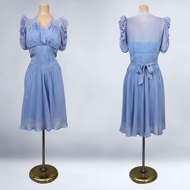 VINTAGE 30s Periwinkle Organdy Dress with Ruched Sleeves | 1930s Sheer Party Dress | VFG 