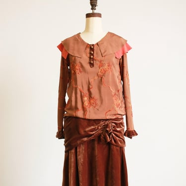 1920s Caramel Silk Embroidered Drop Waist Dress 