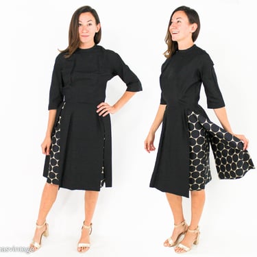 1950s Black Silk Polka Dot Lining Dress | 50s Black Silk Cocktail Dress | Gigi Young N.Y. | Small 