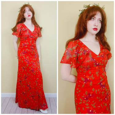 1970s Vintage Red Smocked Bust Floral Dress / 70s / Seventies Flutter Sleeve Cotton / Acetate Magic Prairie Maxi / Size Small 