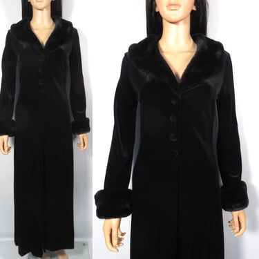 Vintage 90s/Y2K Black Velvet Duster Jacket With Faux Fur Collar And Cuffs Size M 