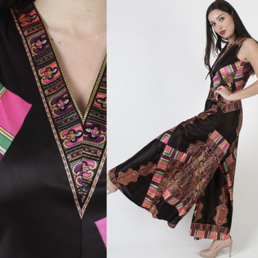 60s Psychedelic Lounge Jumpsuit, Wide Leg Bell Bottom Palazzo Playsuit, One Piece Mandarin Inspired Dress 