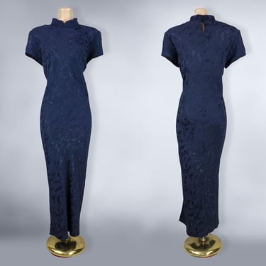 VINTAGE 80s 90s Midnight Blue Satin Cheongsam Bias Maxi Dress Sz 14 XL | 1980s 1990s Navy Floral Asian Inspired Dress Plus Size Volup | VFG 
