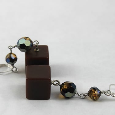 Bakelite Cube Earrings Handmade Chocolate Brown Swarovski OOAK Artisan 