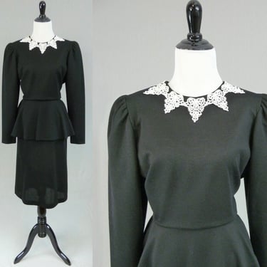 80s Black Peplum Dress - White Lace Trim - 80s does 40s - Thick Shoulder Pads - Sabino - Vintage 1980s - M 