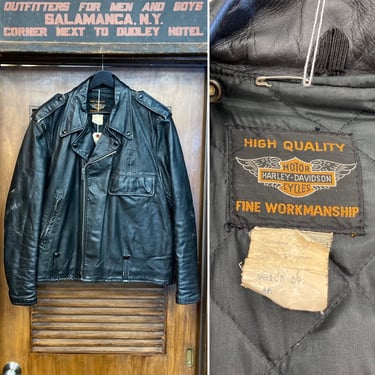 Vintage 1950’s Size XL Harley Davidson Police Cop Style Motorcycle MC Leather Jacket, Rare Size, 50’s Vintage Clothing 