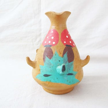 Vintage Painted Mushroom Terracotta Vessel - Hand Painted Clay Handled Flower Vase - Woodland Gnomecore 