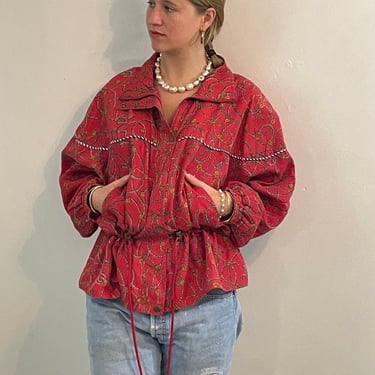 90s silk bomber jacket / vintage red baroque tassel rope print silk cinched waist drawstring bomber jacket | Large 