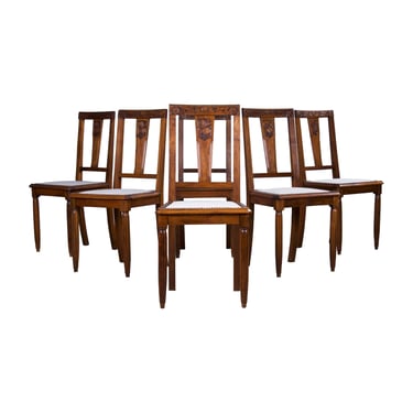 1930s French Art Deco Walnut Dining Chairs W/ Off-White Chenille - Set of 6 