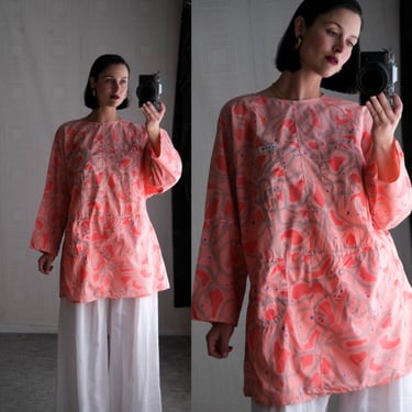 Vintage 80s GOLDIE Coral Boxy Longline Open Back Abstract Blouse w/ Patch Pockets | Made in Italy | 100% Cotton | 1980s Italian Designer Top 