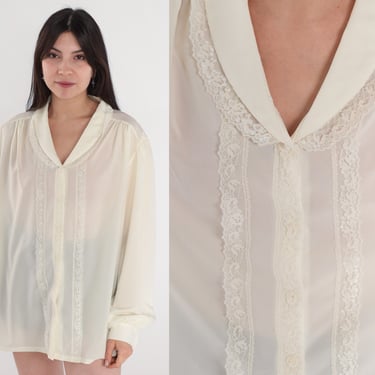 80s Victorian Blouse Off-White LACE Shirt Boho Top Long PUFF SLEEVE Shirt Semi-Sheer 1980s Button Up Vintage Bohemian Extra Large xl 