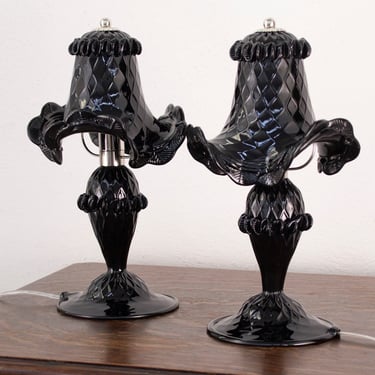 Set of 2 Murano glass black color table lamps with artistic decoration, handmade Made in Italy 