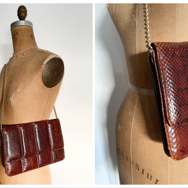Vintage ‘70s ‘80s whiskey snakeskin shoulder bag | brown reptile purse with gold chain strap 