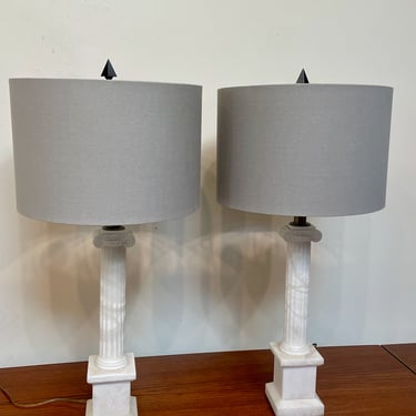 Pair of Italian White Alabaster Column Table Lamps , Vintage Mid Century Neoclassical Lighting 