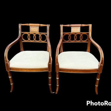 Gorgeous Hickory chair Hollywood regency pair arm chairs with faux bamboo details 