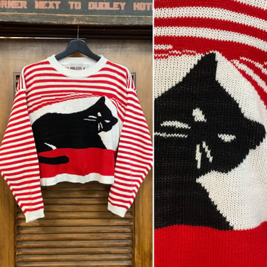 Vintage 1980’s Cat Design Cropped New Wave Cartoon Knit Sweater, 80’s Pullover, Vintage Clothing 