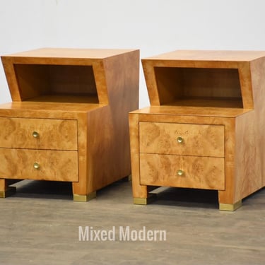 Refinished Burl and Brass Nightstands - A Pair 