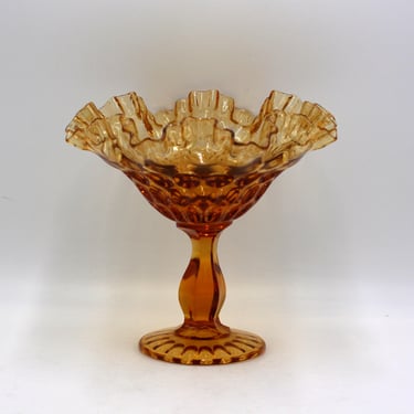 vintage Fenton Amber Thumbprint Compote with Ruffled Edge 