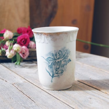 Antique transferware cup / 1800s floral tall cup / vintage floral bud vase / water glass cup / shabby chic / antique ironstone / cottagecore 