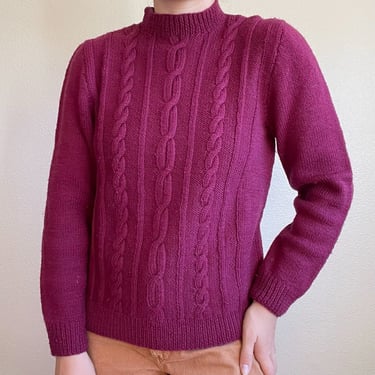 Hand Knit Maroon Red Cable 100% Wool Chunky Knit Mockneck Sweater Sz M 